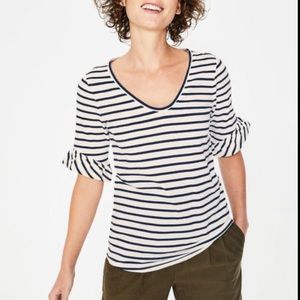 Boden Supersoft Frilled Cuff Tee Ivory/Navy, Sz Small